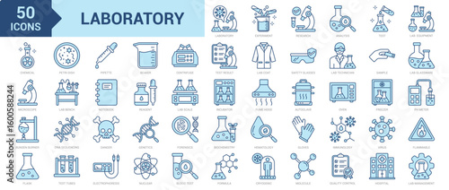 Laboratory icon collection set. Containing experiment, research, formula, analysis, test, equipment, chemical, microscope, bunsen burner, flask, petri dish, pipette, beaker icon. Simple blue vector