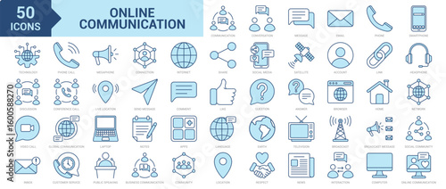 Online Communication icon collection set. Containing conversation, message, email, smartphone, technology, discussion, video call, inbox, phone call, connection, internet icon. Simple blue vector