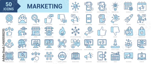 Marketing icon collection set. Containing social media, content marketing, reputation, deal, email marketing, promotion, good review, bad review, advertising, influencer icon. Simple blue vector