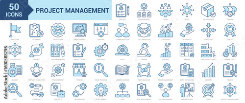 Project Management icon collection set. Containing procurement, productivity, efficiency, leadership, planning, time management, decision-making, stakeholder, control, success icon. Simple blue vector