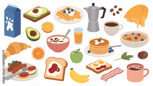 A flat, minimalist illustration of a breakfast and brunch scene arranged in a scattered layout against a white background