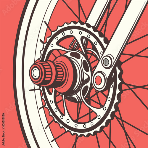 Close up view of a bicycle wheel with a red and cream color scheme and intricate spoke design detail