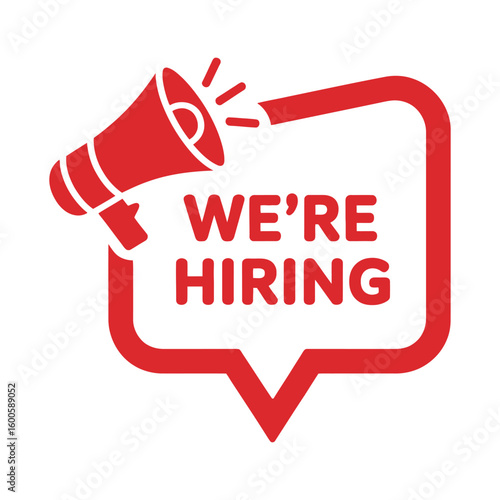 Red We're Hiring Announcement with Megaphone in Speech Bubble