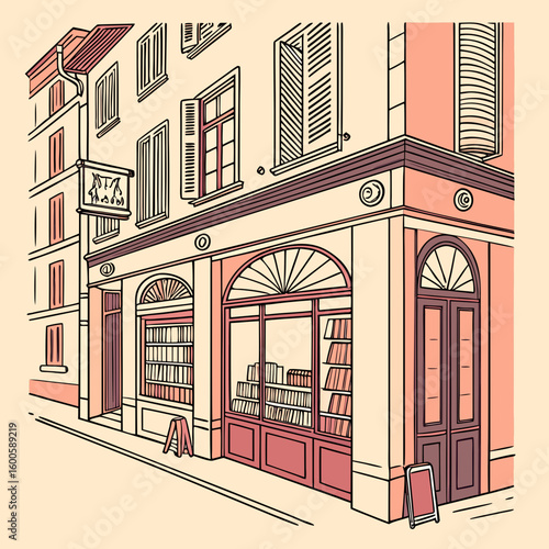 Charming Vintage Bookstore Facade – Quaint Old Bookshop Exterior Illustration


