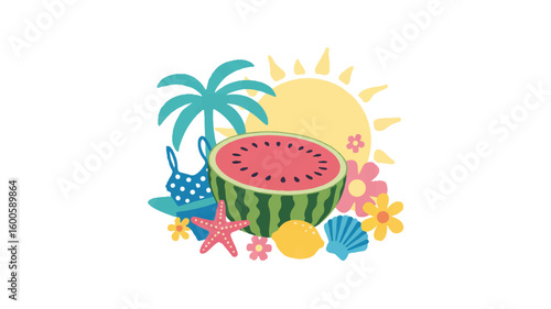 A flat, minimalist illustration of summer and beach elements arranged in a horizontal layout against a white background