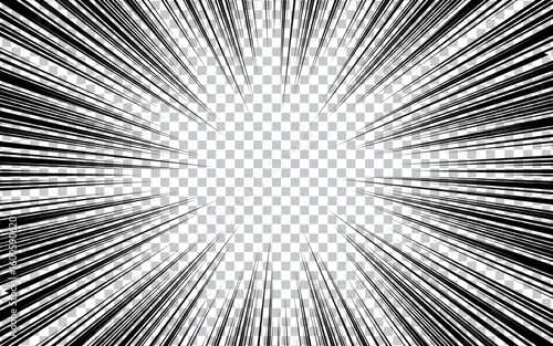Black and white radial lines background in comic book. Manga speed frame. Super hero action.