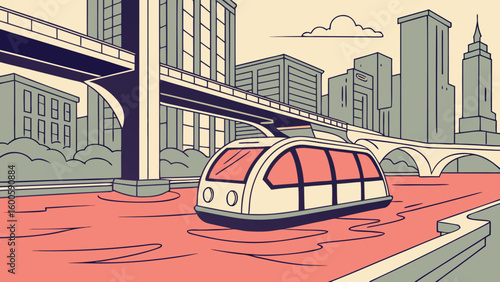 Illustration of a futuristic pod vehicle on a river with city buildings and bridges in the background