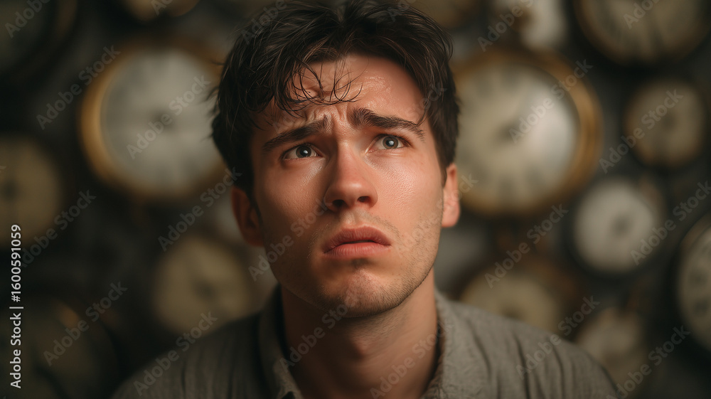 Fototapeta premium This young man expresses his inner turmoil and fear while surrounded by a chaotic backdrop of clocks.