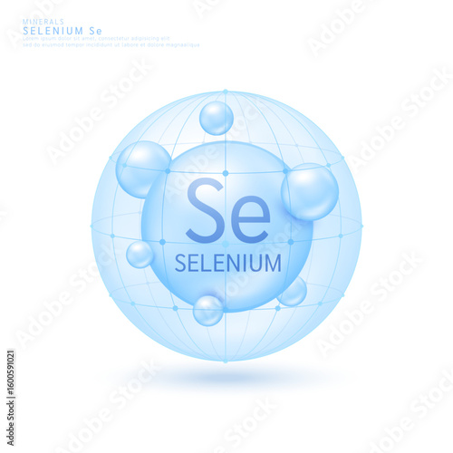 Selenium minerals ball blue in dome on white background. Vitamins complex. Used for design cosmetic or dietary supplement products. 3D vector.