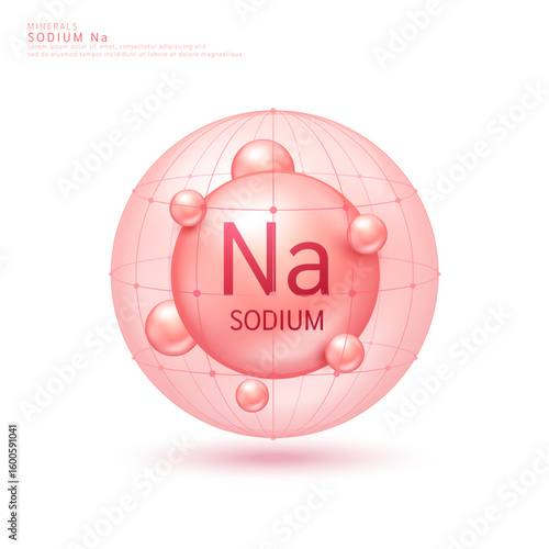 Sodium minerals ball red in dome on white background. Vitamins complex. Used for design cosmetic or dietary supplement products. 3D vector.