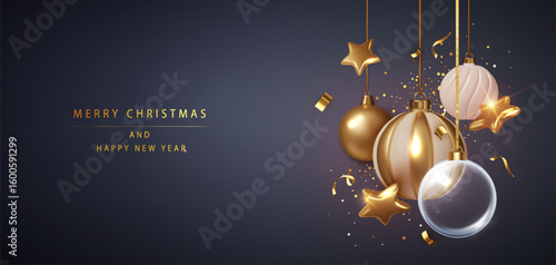 Realistic 3D Christmas golden baubles hanging on ribbons with confetti. Elegant holiday banner on dark blue background. Merry Christmas and Happy New Year greeting.