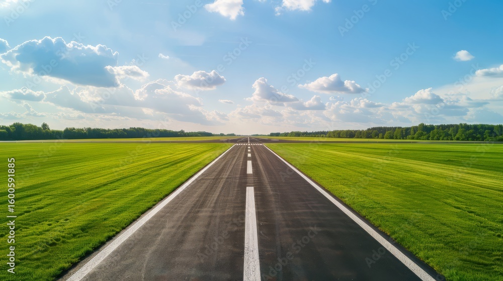 Fototapeta premium A serene view of an empty runway stretching towards the horizon, surrounded by lush green fields under a bright blue sky with fluffy clouds.