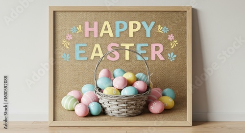Happy Easter Pastel Egg Basket Canvas - Pastel Easter eggs in a wicker basket, symbolizing spring, new beginnings, hope, celebration, and family