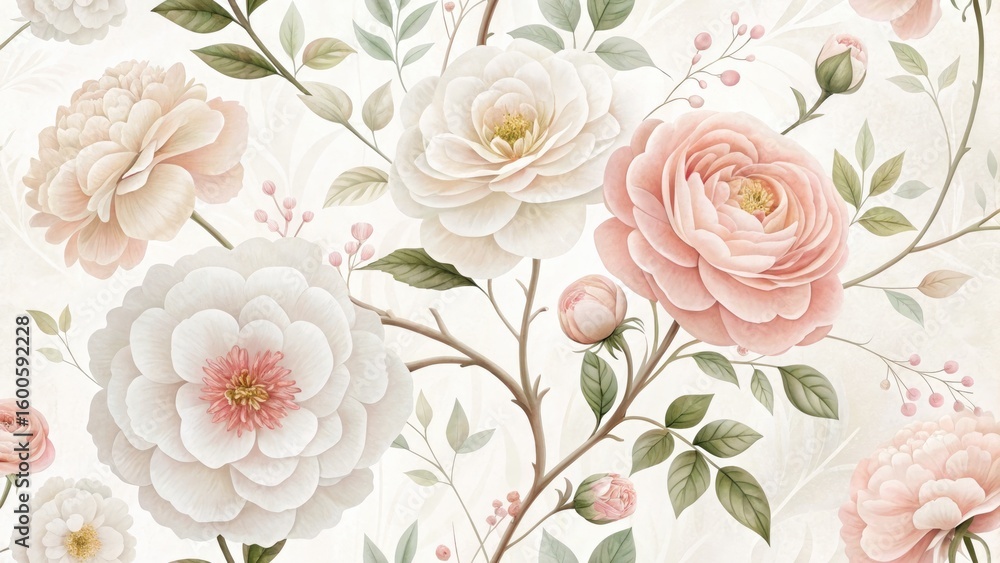 Fototapeta Delicate watercolor floral arrangement with a seamless pattern of roses and blooms in soft pink hues.