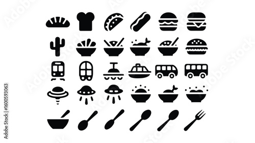 A set of 25 black and white icons arranged in a 5x5 grid format. The top row shows food items a curved bread loaf, a sandwich, a taco, a hot dog, and a hamburger.
