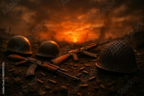 Assault rifles and military helmets on dark battlefield with sunset, concept for wartime photography, historical reconstruction and conflict visualization.