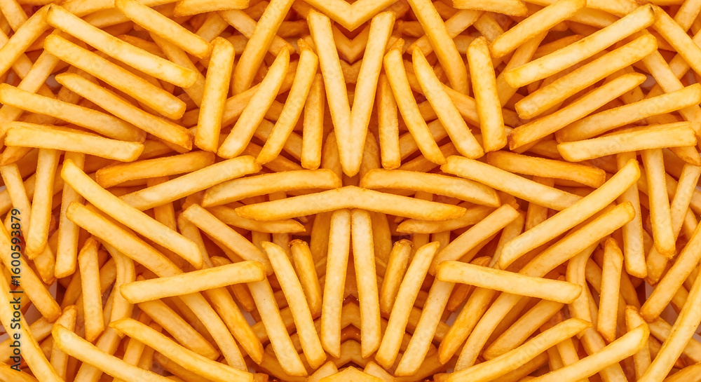 Fototapeta premium An appetizing seamless background of crispy golden French fries creating a symmetrical and abstract culinary pattern.
