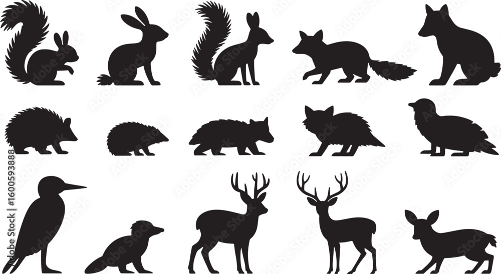 Obraz premium Silhouette Forest Animals Set Vector Illustration Woodland Wildlife Creatures Design Elements