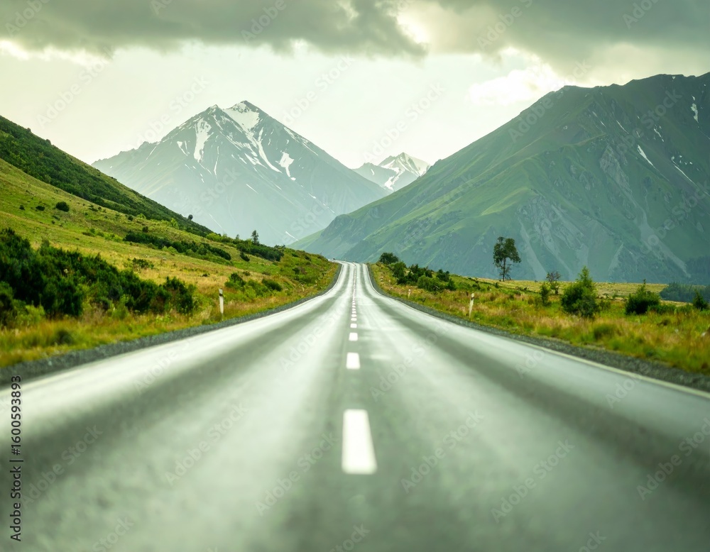 Fototapeta premium Wet Road Leading to Mountains in blur