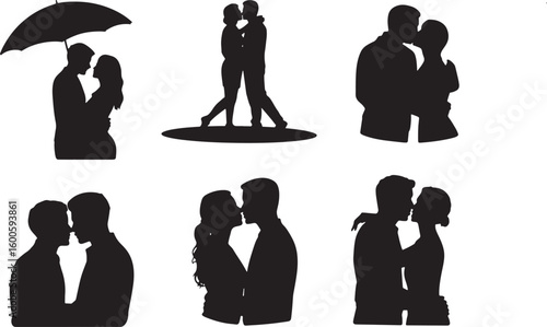 Silhouette Couple Kissing Under Umbrella, Embracing, and Standing Together on a Surface Vector