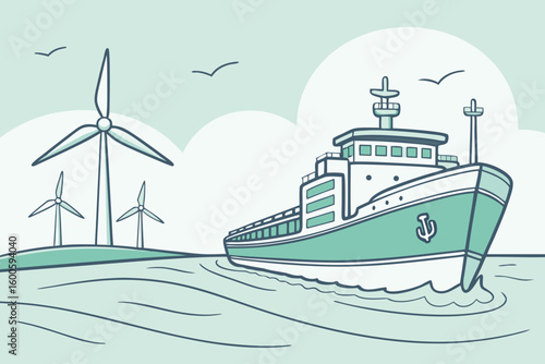 Illustration of a cargo ship sailing on the sea with wind turbines and birds in the background scene