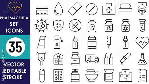 35 pharmaceutical line icons including pills, syringes, medicine bottles, dropper, virus, heart rate, test tubes, capsules, injections, clipboard, cross symbol, editable stroke