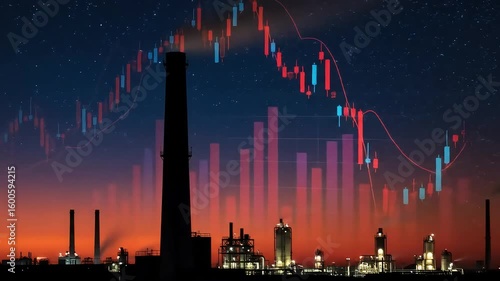 An industrial complex at dusk overlaid with a stock market chart trending downwards