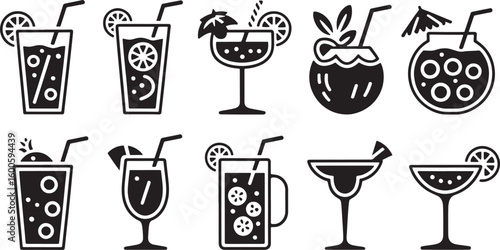 Tropical Drinks Vector Set Refreshing Cocktails with Straws and Citrus Slices Black and White