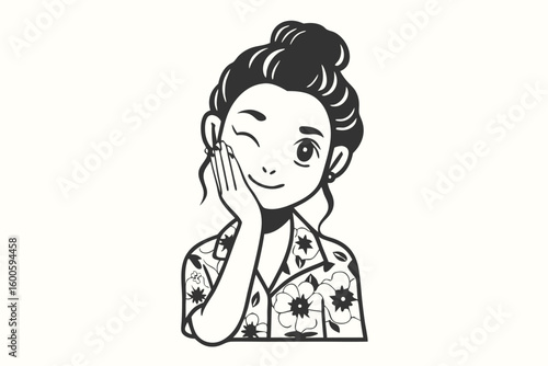 Smiling brunette girl with floral shirt is winking while resting her face