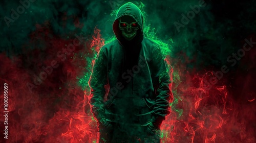 dark hooded skull figure surrounded by green and red fire smoke with glowing eyes, digital fantasy horror background