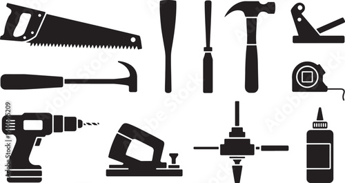 Collection of Carpentry Tools Silhouette Icons for Woodworking and Home Improvement Projects