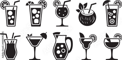 Collection of Cocktail Vector Icons Set Drink Beverage Alcohol Juice Tropical Summer