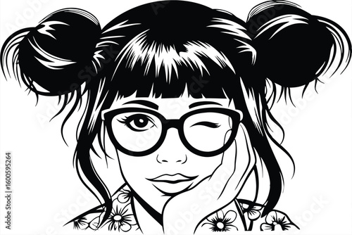 Young black haired woman with hair buns and glasses winks flirtatiously at viewer