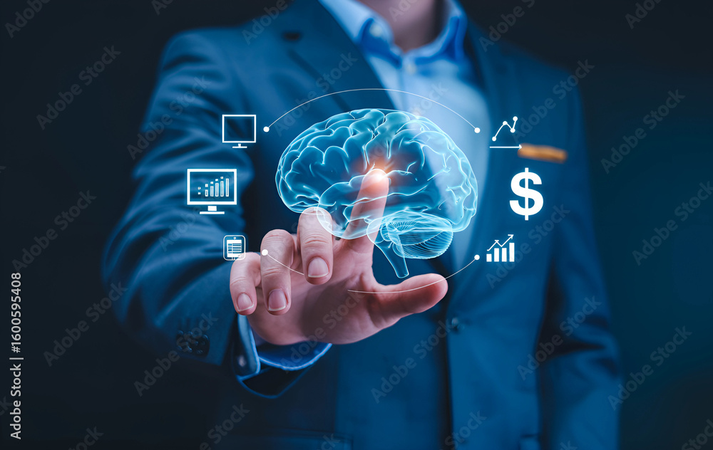 Fototapeta premium Businessman touching a digital brain, a concept of AI for business intelligence and financial analysis