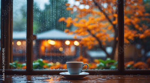 cozy peaceful atmosphere indoors with coffee steam wood table reading corner near window golden red leaves outside rainy weather fall vibe autumn rainy interior design wallpaper background