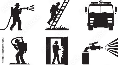 Firefighter Silhouettes Set Vector Illustration Fire Truck Ladder Hose Door Emergency Service