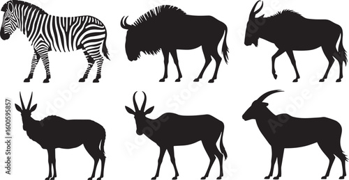 African Wildlife Silhouette Set Zebra Wildebeest Antelope Vector Illustration Animals