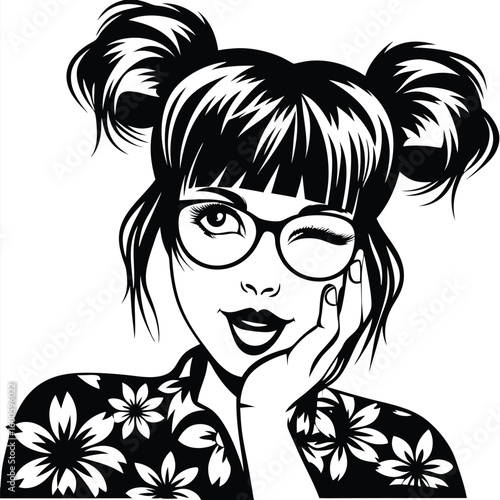 Winking young girl with space buns and flower shirt has a playful, flirty expression