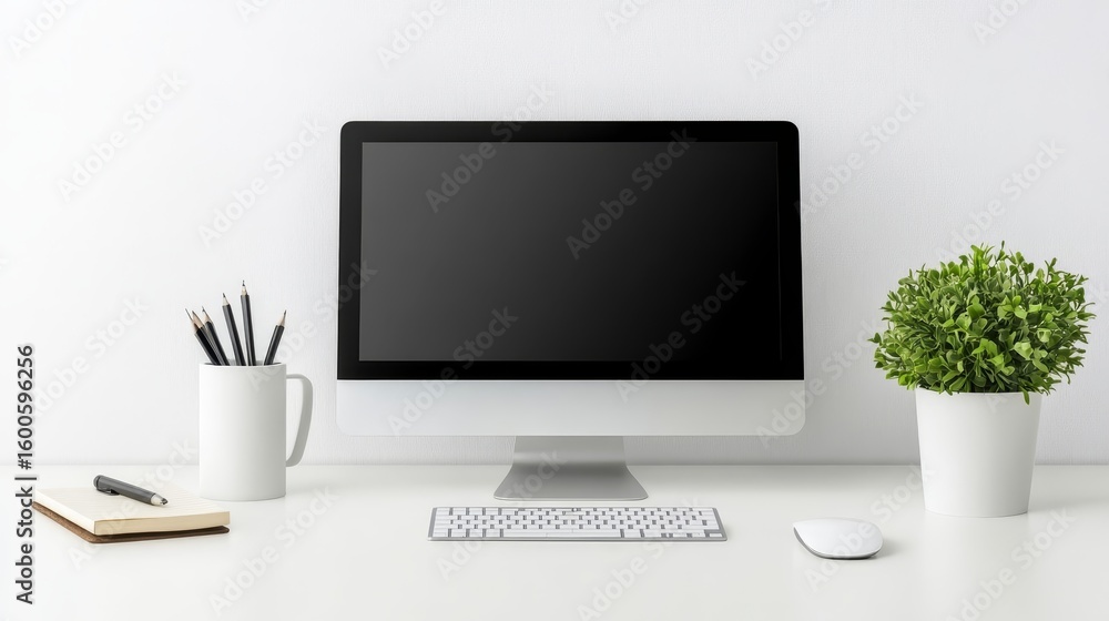 Clean white desk setup with computer modern minimalist workspace for productivity and creative inspiration Clean white desk setup with computer modern minimalist workspace for productivity and creative inspiration