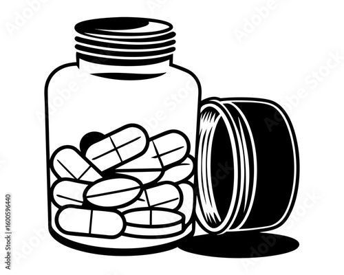 Open pill bottle filled with capsules silhouette