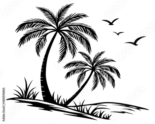 Two palm trees and flying birds tropical beach silhouette