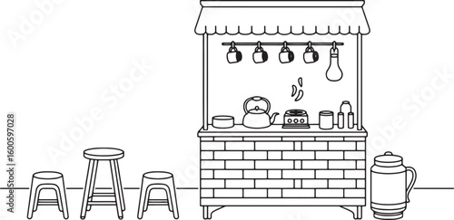 Outdoor beverage stall with seating and brewing equipment stools