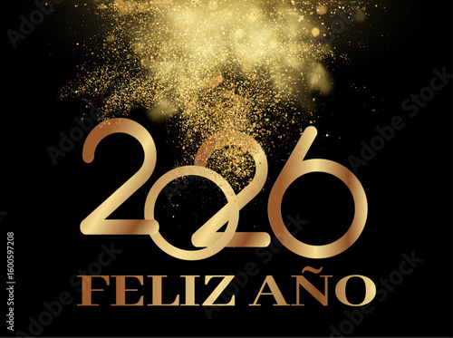 Tarjeta o pancarta para desear un feliz año nuevo 2026 en dorado sobre fondo negro con purpurina dorada.