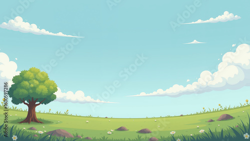 serene landscape with tree and clouds in grassy field