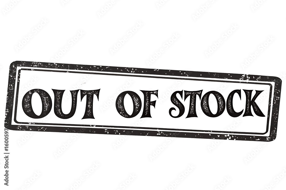 Obraz premium OUT OF STOCK rubber stamp in black ink, wide rectangular shape on white background with distressed font styling.