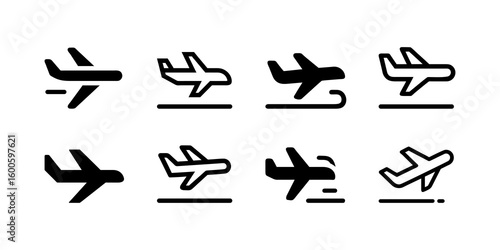 Set of Black and White Airplane Icons Depicting Takeoff and Landing This set of nine simple black and white icons showcases various stages of airplane takeoff and landing.