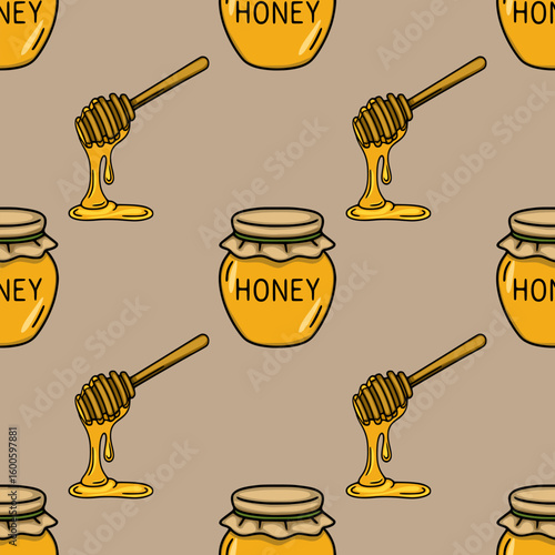 Seamless vector pattern with honey jars and honey dippers, featuring a hand-drawn style and dripping honey for a sweet and rustic design.