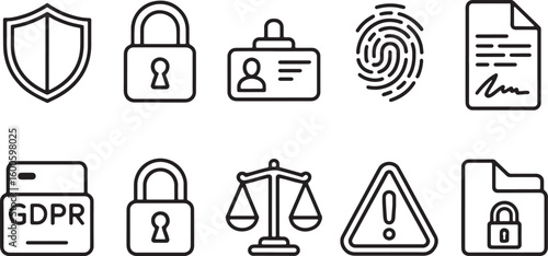 Security and Privacy Icons Shield Lock Fingerprint Document G D P R Scales Warning vector