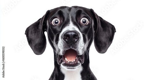 Amazed Dog Face - A close-up shot of a black and white dog with a surprised, open-mouthed expression against a white background
