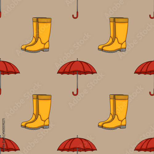Seamless vector pattern featuring bright yellow rubber boots and red umbrellas on a muted beige background, creating a cheerful autumnal design perfect for textile prints or website backgrounds.